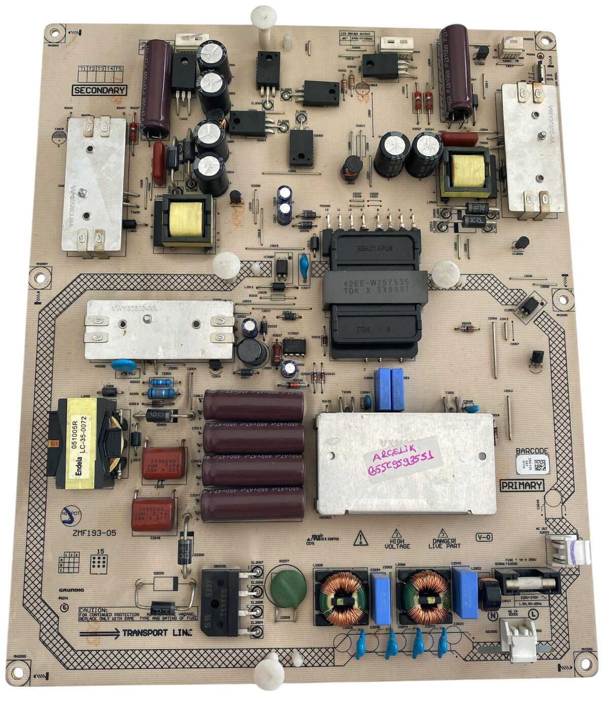 Arçelik / Grundig TV Güç Besleme Kartı (Power Supply) - ZMF193-05 ZNC120 ZMF194-04 B55C9593551 Orijinal